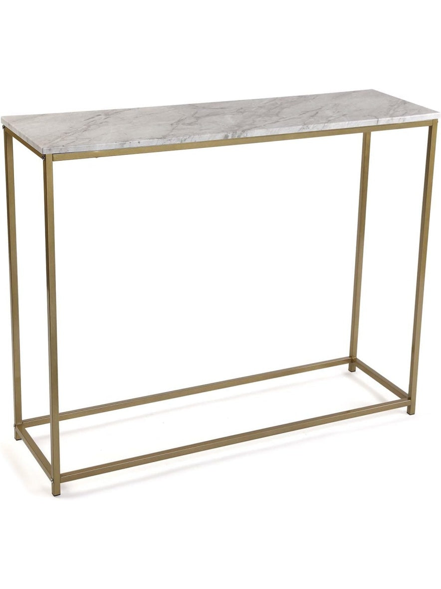 Mesa consola para recibidor con acabado efecto marmol, estructura dorada y diseno