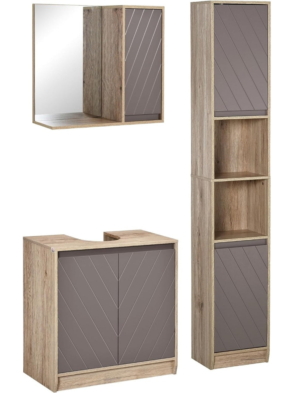 Conjunto de Bano con Mueble Bajo Lavabo, Armario con Espejo y Columna de Almacenamiento, Roble y