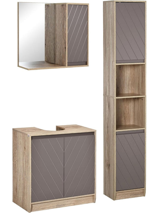 Conjunto de Bano con Mueble Bajo Lavabo, Armario con Espejo y Columna de Almacenamiento, Roble y