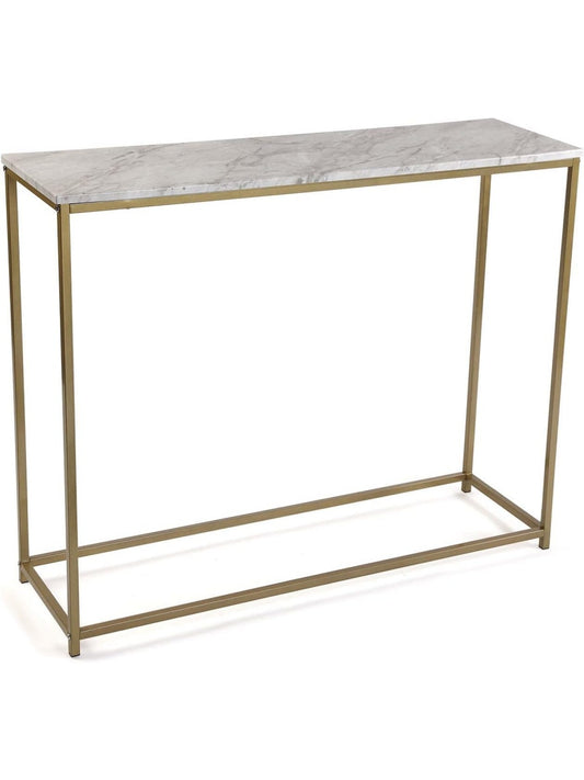Mesa consola para recibidor con acabado efecto marmol, estructura dorada y diseno