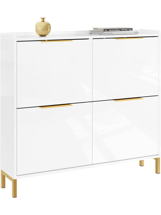 Zapatero Ultrafino de 4 Puertas para Pasillo, Acabado Blanco Brillante con Patas Doradas, 19 cm de