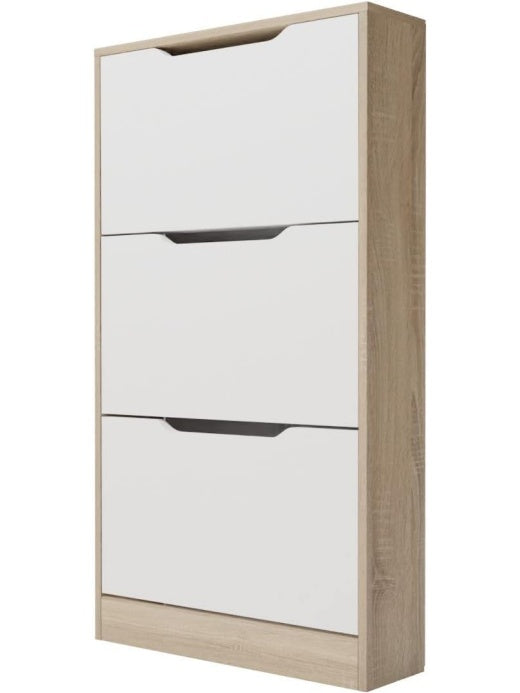 Zapatero Estrecho de 3 Puertas en Acabado Blanco y Cambria, Mueble Organizador para Calzado, 60 x 17.3 x 107