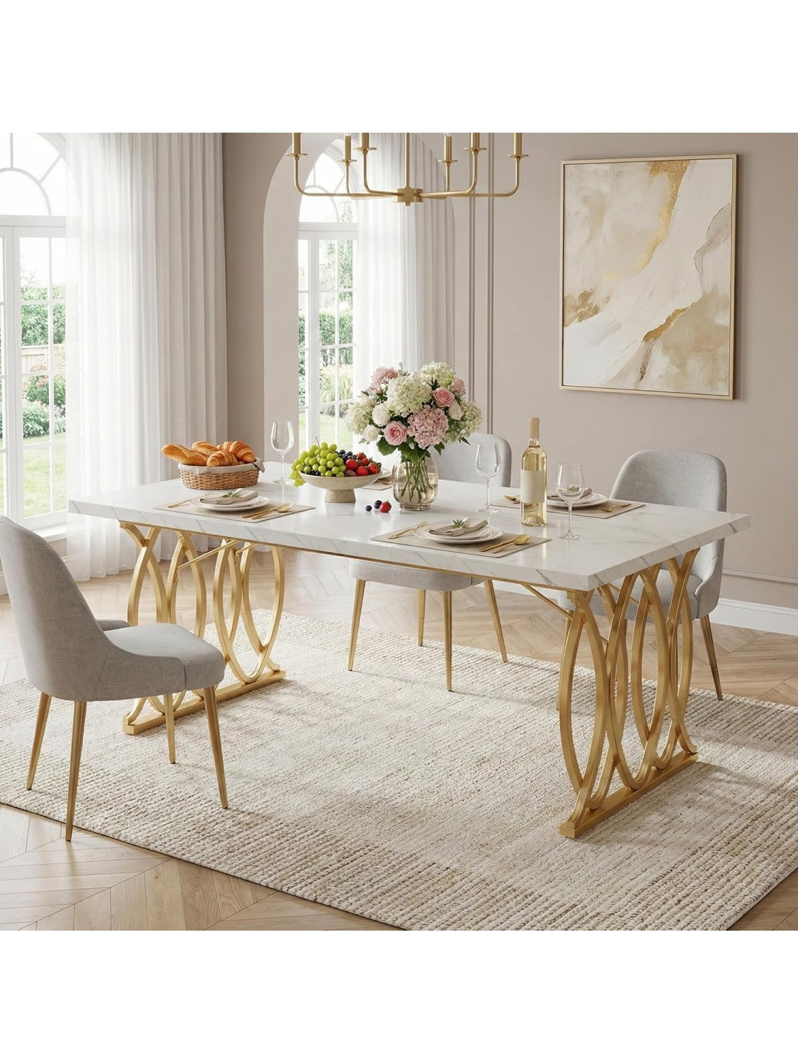 Mesa de Comedor Rectangular de 160 cm, Diseno Minimalista con Patas Doradas para Cocina o Salon,