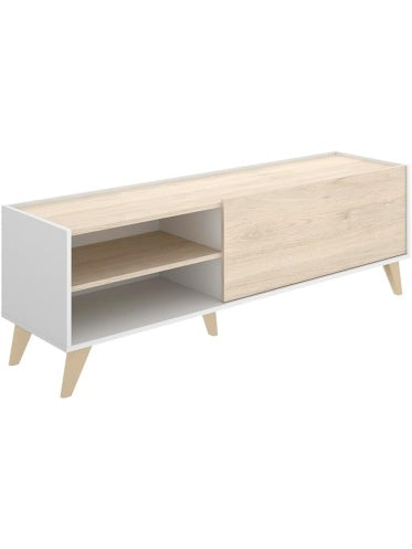 Mueble bajo para TV en blanco y madera natural con diseno minimalista y acabado